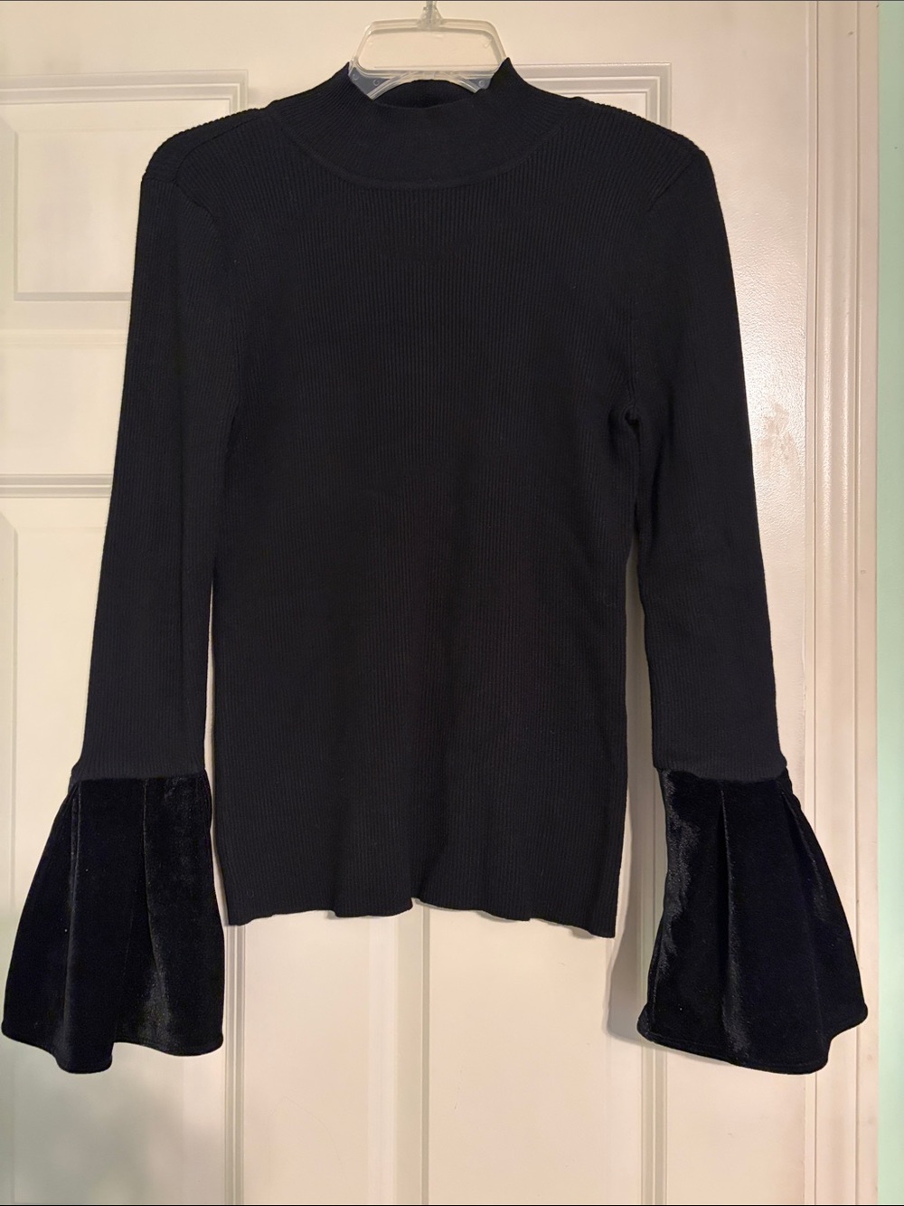 INC International Concepts Black Mock Neck Top with Velvet Bell Cuffs